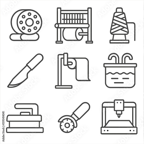 Textile Machinery Icons. Outline style icons of Textile Machinery and Tools: spinning drum, loom engine, yarn feeder, cutting