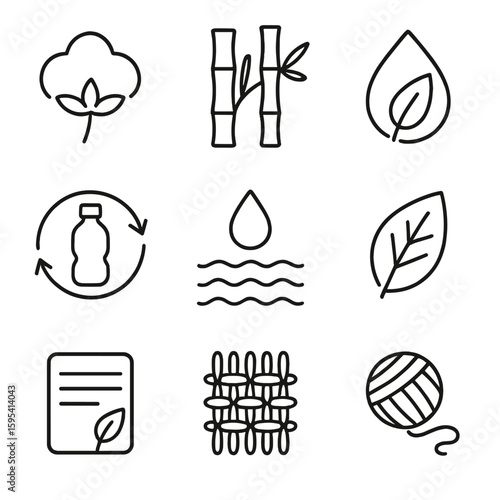Eco Textile Icons. Outline style icons of Eco-Friendly Textile Materials: organic cotton leaf, bamboo fabric icon, biodegradable