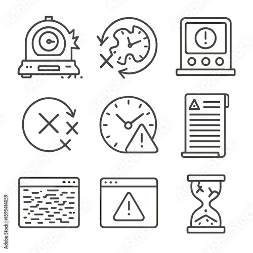 Time Travel Mishaps. Outline style icons of Time Travel Failures: broken time machine, scrambled destination icon, alarm error on