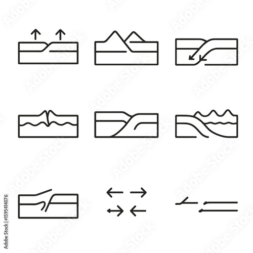 Tectonic Plate Icons. Outline style icons of Tectonic Plate Boundaries: divergent boundary, convergent boundary, transform fault