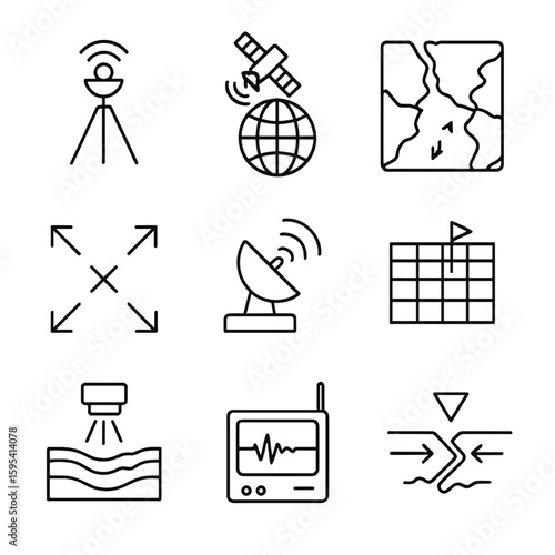 Plate Mapping Icons. Outline style icons of Plate Mapping Tools: GPS station icon, satellite earth tracker, tectonic boundary map,