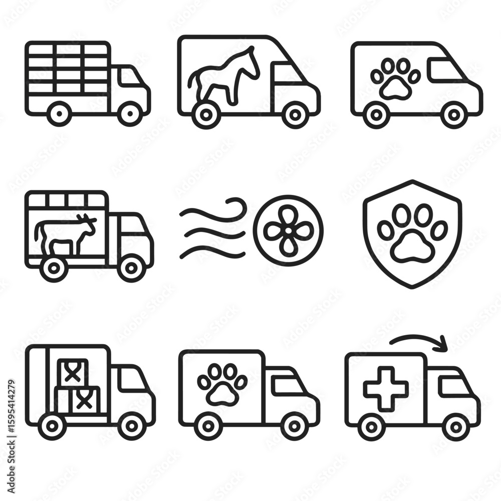 Animal Transport Icons. Outline style icons of Animal Transport Trucks: livestock trailer, horse carrier, pet van, open-air cattle Animal Transport Icons. Outline style icons of Animal Transport Trucks: livestock trailer, horse carrier, pet van, open-air cattle