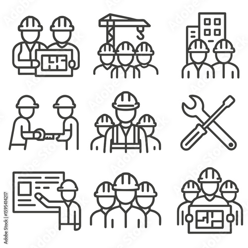 Construction Team Icons. Outline style icons of Construction Team Collaboration: blueprint review, crane planning group, building