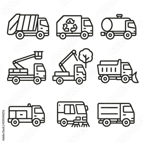 Utility Trucks Icons. Outline style icons of Utility Trucks: garbage truck, recycling collection vehicle, water tanker truck,