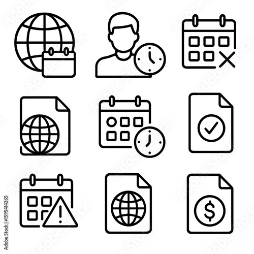 International Tax Icons. Outline style icons of International Tax Schedule: globe with calendar, expat filing deadline,