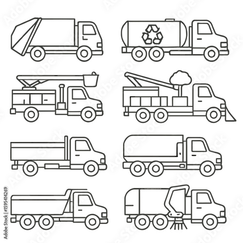 Utility Trucks Icons. Outline style icons of Utility Trucks: garbage truck, recycling collection vehicle, water tanker truck,