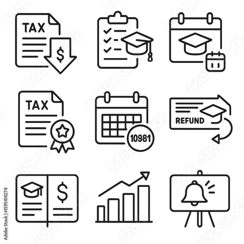 Educational Tax Dates Icons. Outline style icons of Educational Tax Dates: student loan deduction due, education credit schedule,