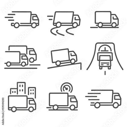 Dynamic Truck Icons. Outline style icons of Trucks in Motion: speed lines behind truck, drifting on curve, braking marks,