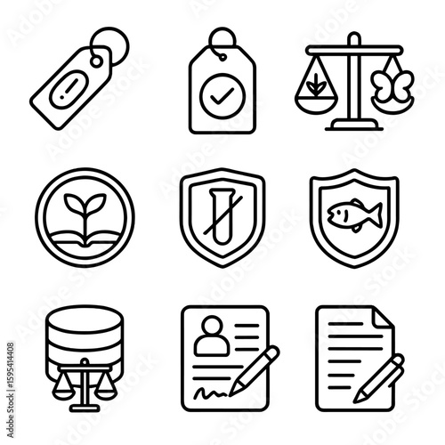 Systematics Ethics Icons. Outline style icons of Ethics in Systematics: endangered tag, proper labeling symbol, biodiversity