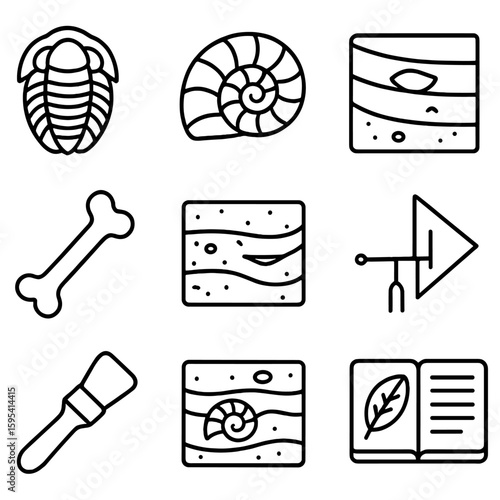 Fossil Systematics Icons. Outline style icons of Fossil Systematics: trilobite fossil, ammonite spiral, fossil record layer,