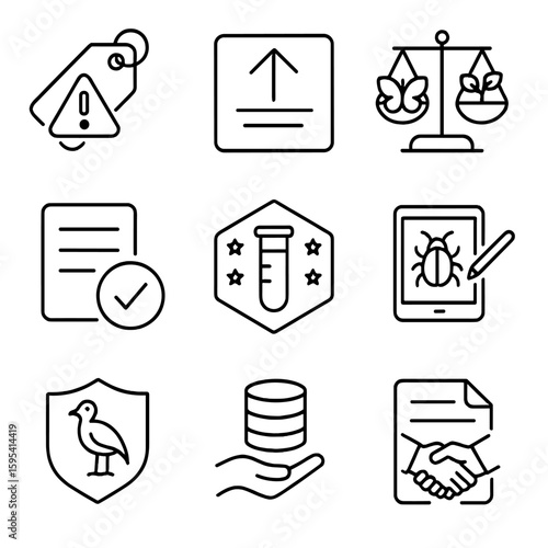 Systematics Ethics Icons. Outline style icons of Ethics in Systematics: endangered tag, proper labeling symbol, biodiversity