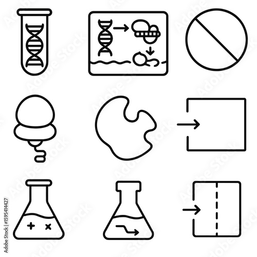 Cell-Free System Icons. Outline style icons of Cell-Free Systems: test tube with DNA, transcription/translation setup, protein