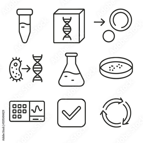 Synthetic Biology Icons. Outline style icons of Lab Workflow in Synthetic Biology: sample collection tube, DNA extraction kit,