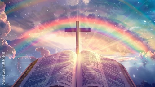Christian Cross with Open Bible and Rainbow