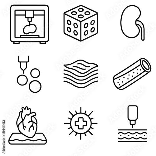 Organ Bioprinting Icons. Outline style icons of Organ Printing: 3D bioprinter, tissue scaffold icon, synthetic organ outline,