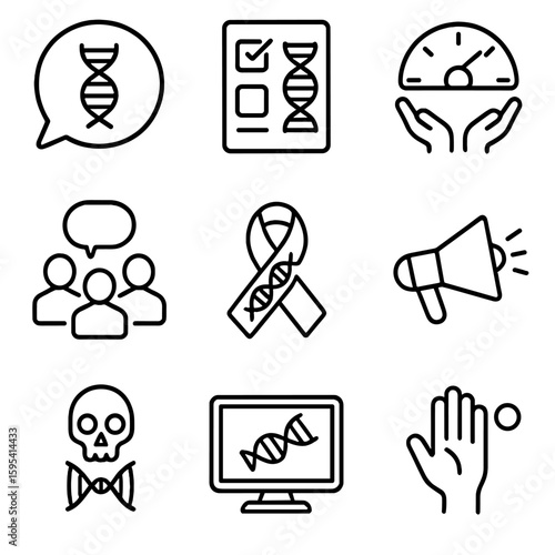 Genome Icons Set. Outline style icons of Public Perception: discussion bubble on gene, opinion poll with helix, trust meter,