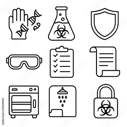 Lab Safety Icons. Outline style icons of Lab Safety for Synthetic Biology: gloves and DNA icon, biohazard flask, containment