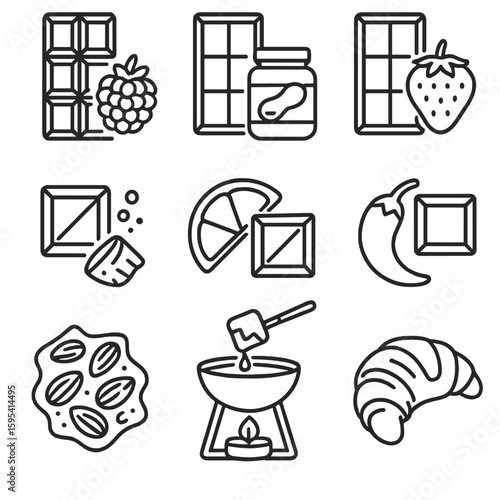 Chocolate Pairing Icons. Outline style icons of Chocolate-Based Pairings: dark chocolate and raspberry, milk chocolate and peanut