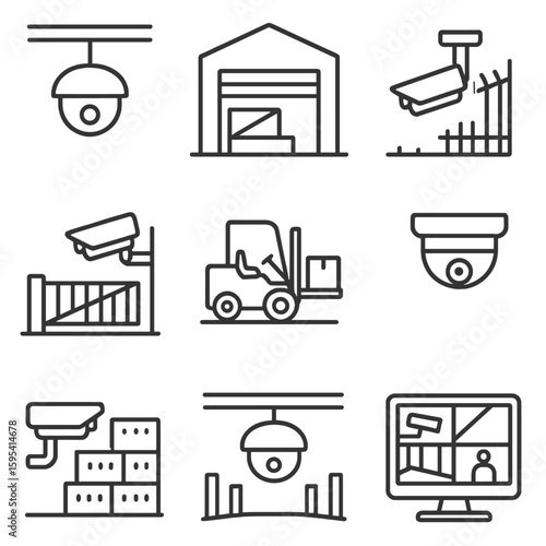 Industrial Surveillance Icons. Outline style icons of Industrial Surveillance: factory ceiling cam, warehouse security camera,