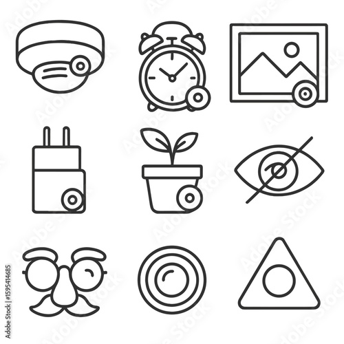 Covert Surveillance Icons. Outline style icons of Covert Surveillance: smoke detector cam, alarm clock cam, photo frame cam, USB