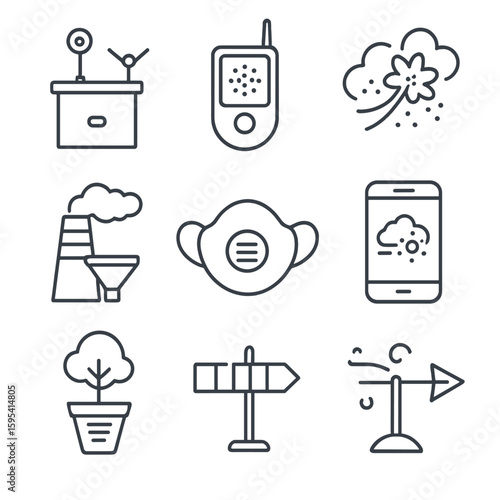 Air Quality Icons. Line style icons of Air Quality Monitoring: air sensor station, particulate meter, AQI color scale, pollen