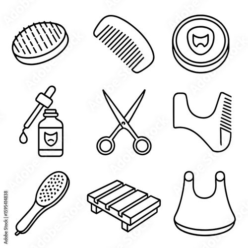 Beard Grooming Icons. Line style icons of Deluxe Beard Grooming: boar-bristle beard brush, sandalwood comb, beard balm tin, beard