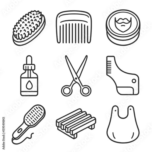 Beard Grooming Icons. Line style icons of Deluxe Beard Grooming: boar-bristle beard brush, sandalwood comb, beard balm tin, beard