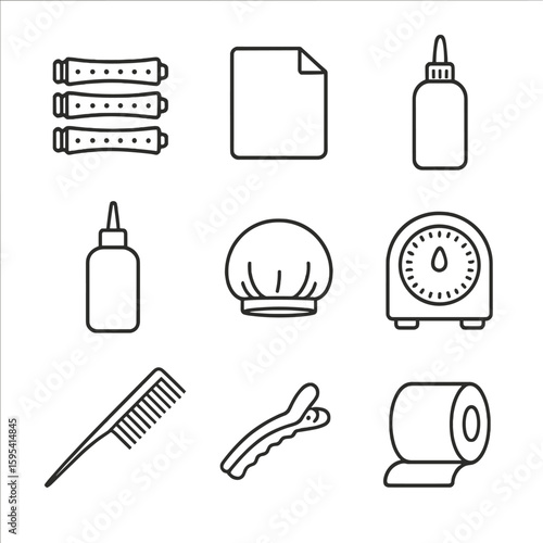 Texture & Perm Supplies. Line style icons of Texture & Perm Supplies: perm rod set, end wrap paper, waving lotion bottle,