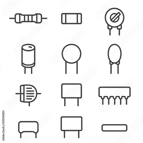 Passive Components Icons. Line style icons of Passive Resistors & Capacitors: carbon film resistor, surface-mount resistor,