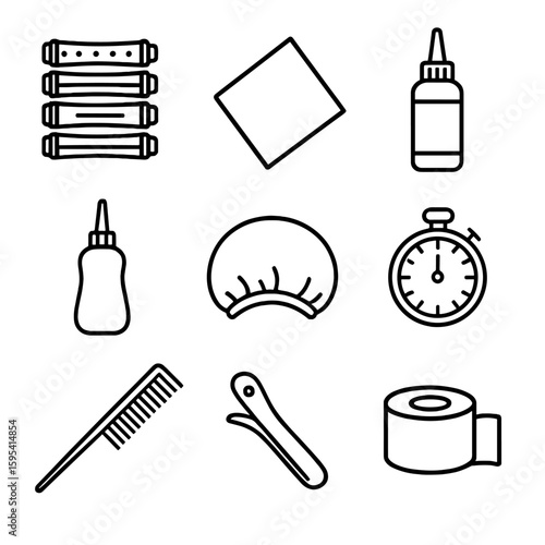 Texture & Perm Supplies. Line style icons of Texture & Perm Supplies: perm rod set, end wrap paper, waving lotion bottle,