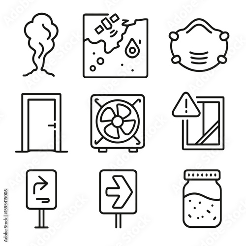 Wildfire Smoke Icons. Line style icons of Wildfire Smoke Response: smoke plume icon, satellite hotspot map, N95 respirator, clean