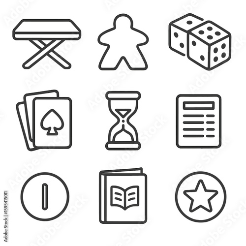 Board Game Icons. Line style icons of Board-Game Evening: folding game table, meeple piece, dice pair, card deck, score pad,