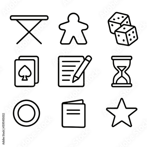 Board Game Icons. Line style icons of Board-Game Evening: folding game table, meeple piece, dice pair, card deck, score pad,