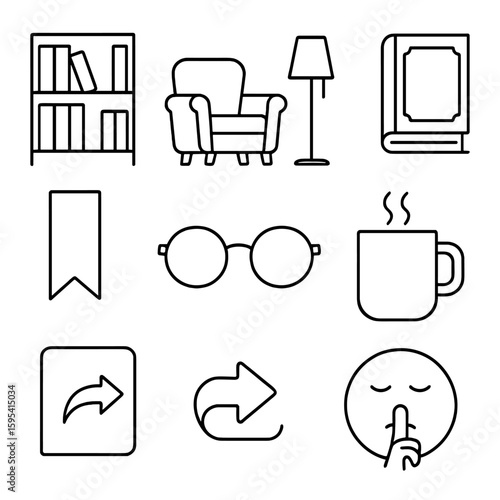 Cozy Reading Icons. Line style icons of Home Library Reading: bookshelf, lounge armchair, floor lamp, hardcover novel, bookmark