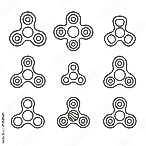 Fidget Spinner Icons. Line style icons of Fidget Spinner Variants: tri-spinner, quad-spinner, dual-arm spinner, hybrid spinner,
