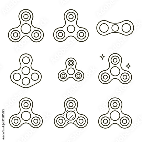 Fidget Spinner Icons. Line style icons of Fidget Spinner Variants: tri-spinner, quad-spinner, dual-arm spinner, hybrid spinner,