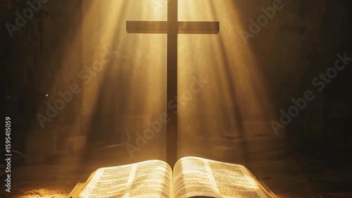 Cross and Open Bible in Light Beams