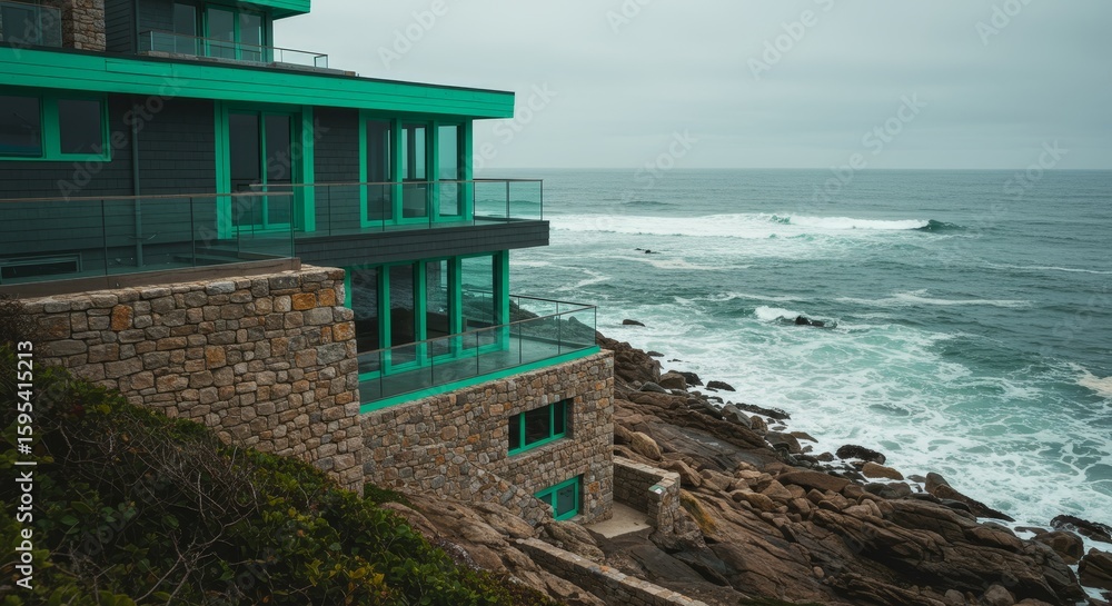 Oceanfront Modern Home Cliffside - Stunning modern house perched on a cliff overlooking the ocean, featuring teal accents and stonework Oceanfront Modern Home Cliffside - Stunning modern house perched on a cliff overlooking the ocean, featuring teal accents and stonework