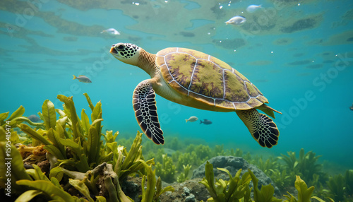 Graceful Green Sea Turtle Gliding Over Underwater Seaweed