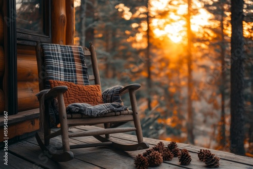 Cozy wooden cabin porch with a chair in the middle of an autumn forest