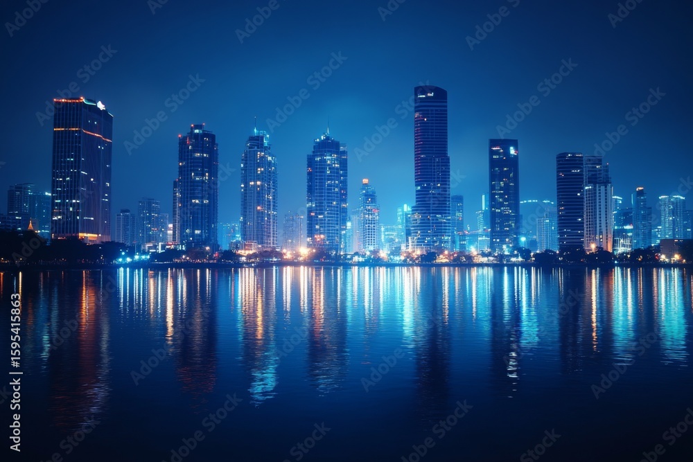 Fototapeta premium Night cityscape with skyscrapers and reflection in water with a clear sky