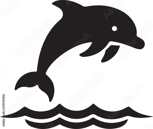 A simple silhouette icon of a playful dolphin jumping out of the water. A black and white vector graphic of a marine mammal leaping over waves.