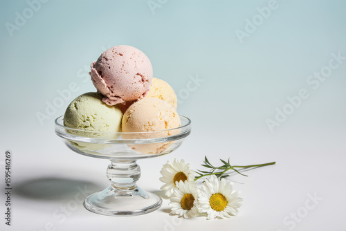 Glass bowl of ice cream and fresh flowers.