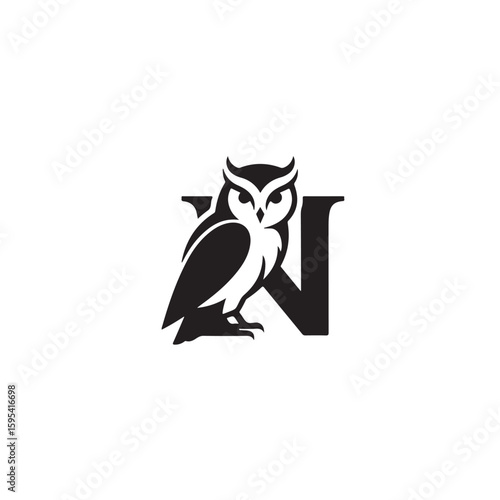 Wise Owl Perched on a Bold Letter N for a Distinctive Animal Logo Design