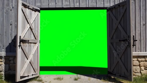 old wooden barn doors with x cross braces is opening and show a green screen vfx projects video