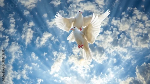 Two white doves flying towards the sun over rocky cross