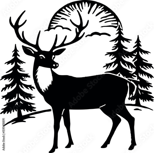 Silhouette of a deer standing in a forest clearing with sunset in the background