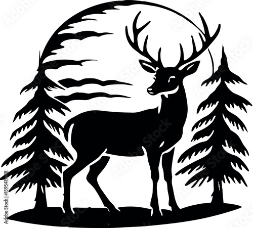 Silhouette of a deer standing in a forest clearing with sunset in the background