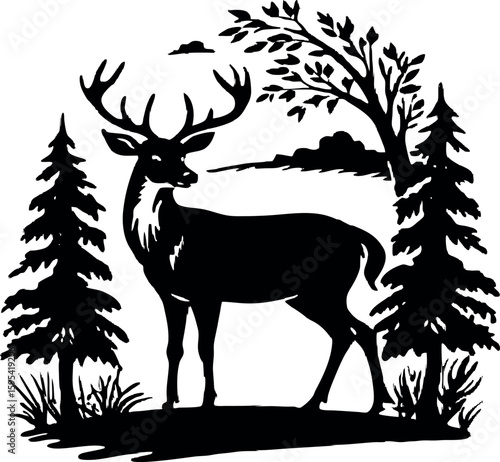 Silhouette of a deer standing in a forest clearing with sunset in the background