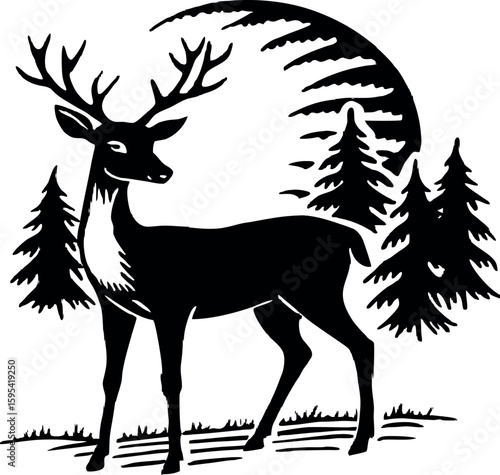 Silhouette of a deer standing in a forest clearing with sunset in the background